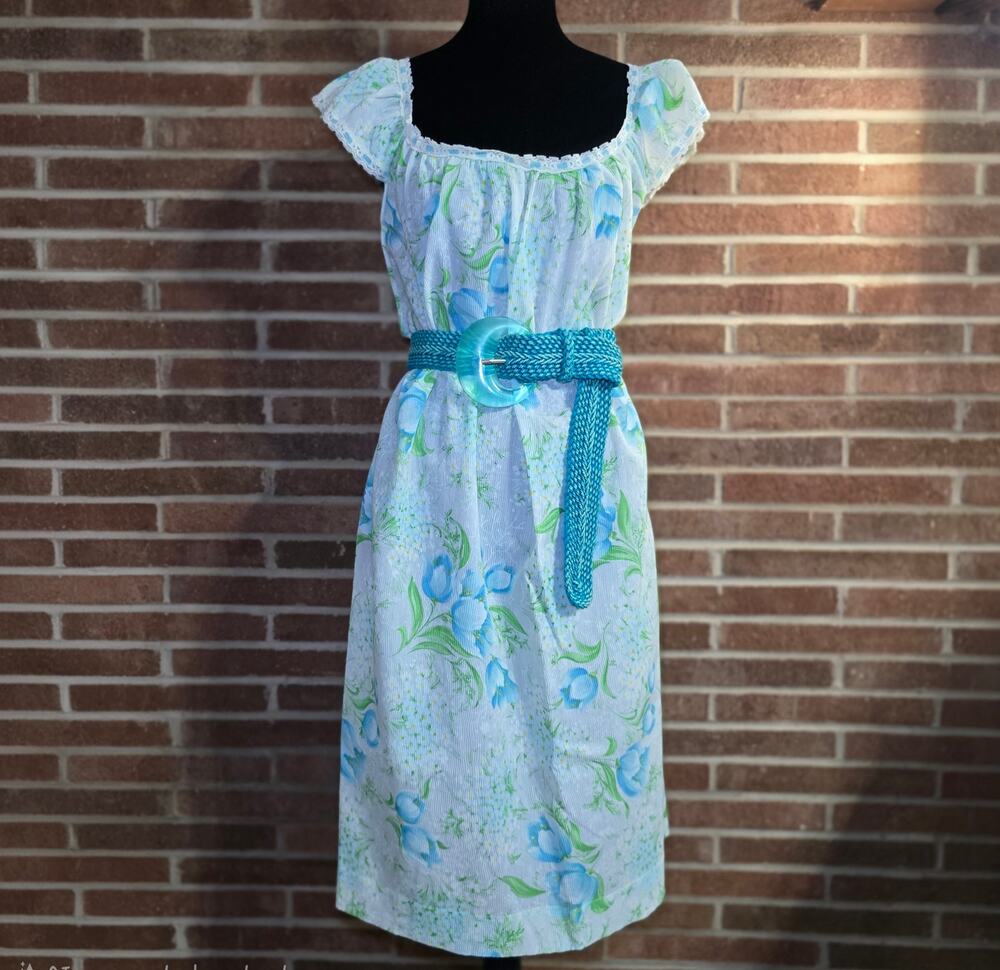 Vintage 60s 70s Komar Blue Green Floral Ruffle Nightgown Babydoll Large